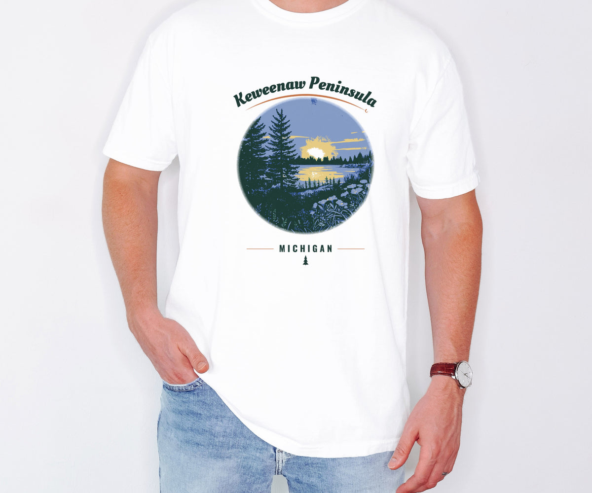 Keweenaw Peninsula Shirt - Michigan Souvenir Tee: white Comfort Colors tee worn by a model [worn lead]