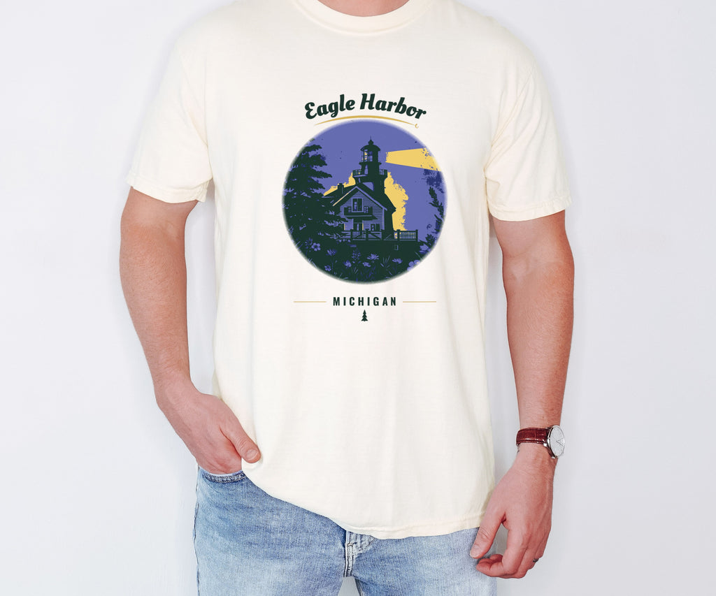 Eagle Harbor Shirt - Michigan Souvenir Tee: ivory Comfort Colors tee worn by a model [worn lead]