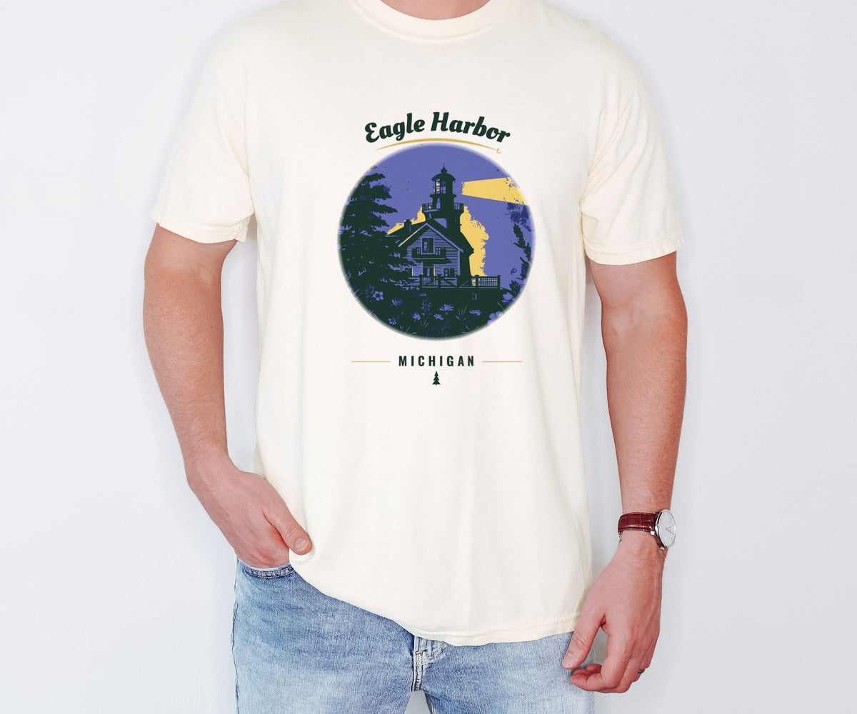 Eagle Harbor Shirt - Michigan Souvenir Tee: ivory Comfort Colors tee worn by a model [worn lead]
