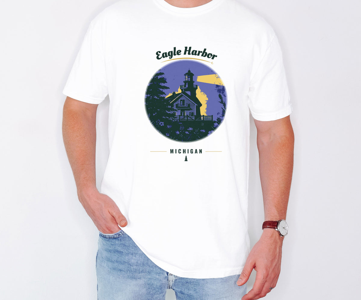 Eagle Harbor Shirt - Michigan Souvenir Tee: white Comfort Colors tee worn by a model [worn lead]
