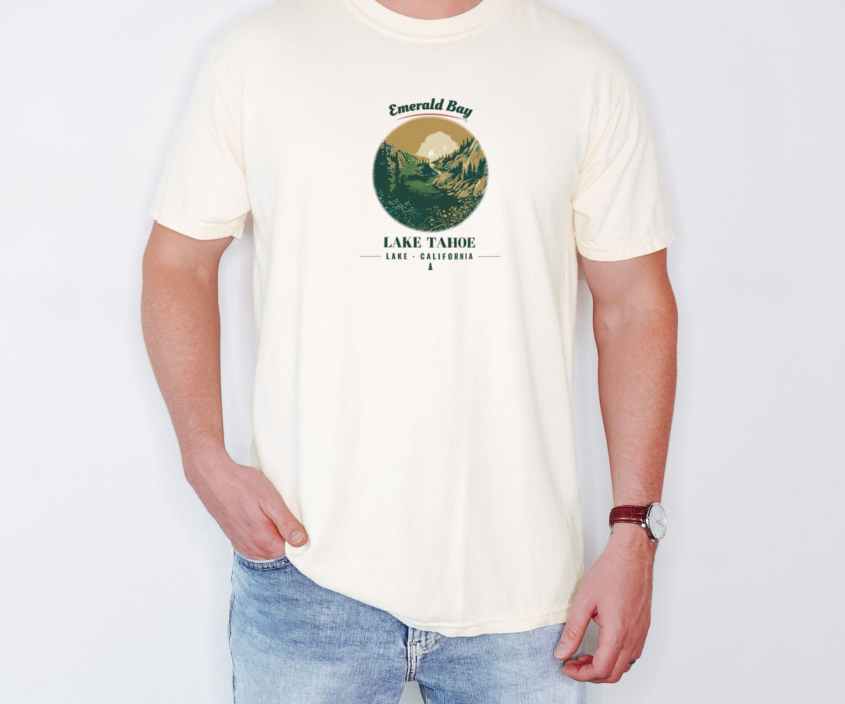 Lake Tahoe Shirt - Emerald Bay Tee: ivory Comfort Colors tee worn by a model [worn lead]