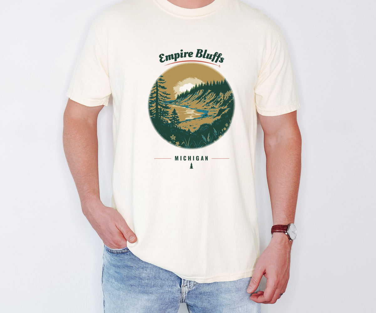 Empire Bluffs Shirt - Michigan Souvenir Tee: ivory Comfort Colors tee worn by a model [worn lead]