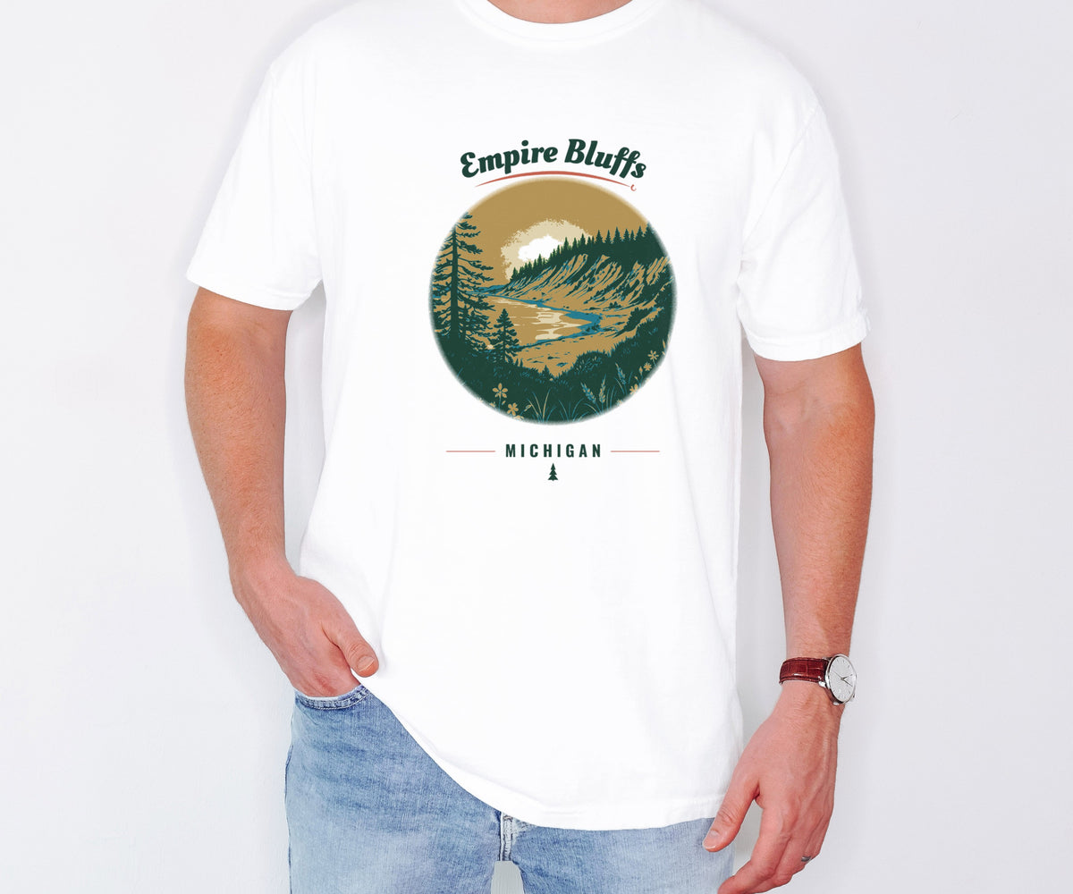 Empire Bluffs Shirt - Michigan Souvenir Tee: white Comfort Colors tee worn by a model [worn lead]