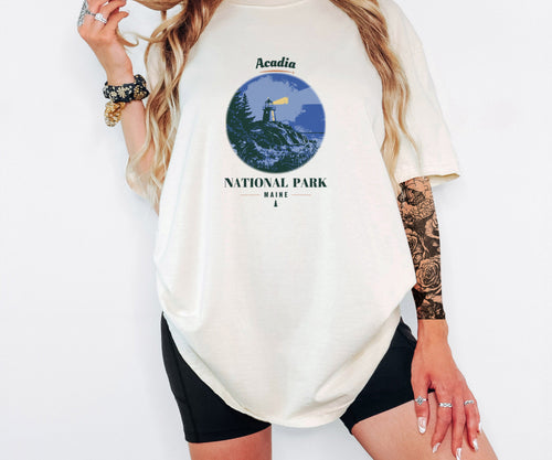 Acadia National Park Shirt - Maine Souvenir Tee: ivory Comfort Colors tee worn by a model [worn lead]