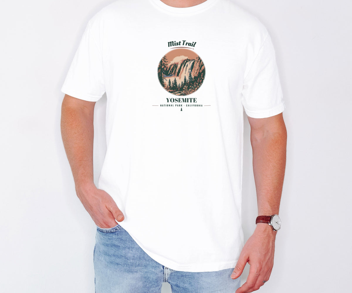 Yosemite National Park Shirt - Mist Trail Tee: white Comfort Colors tee worn by a model [worn lead]