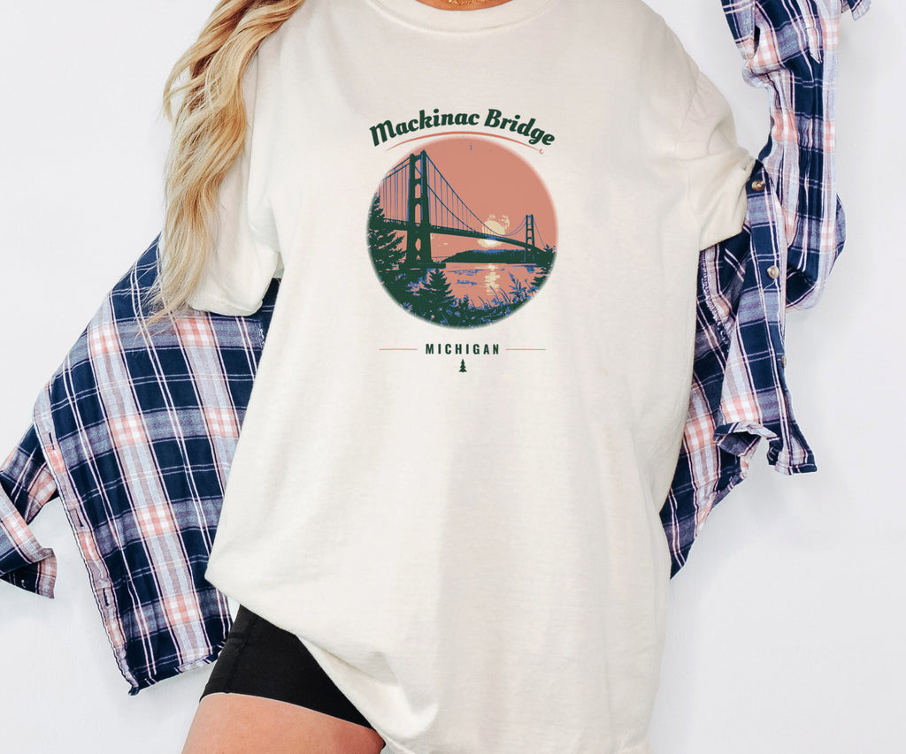 Mackinac Bridge Shirt - Michigan Souvenir Tee: ivory Comfort Colors tee worn by a model [worn lead]