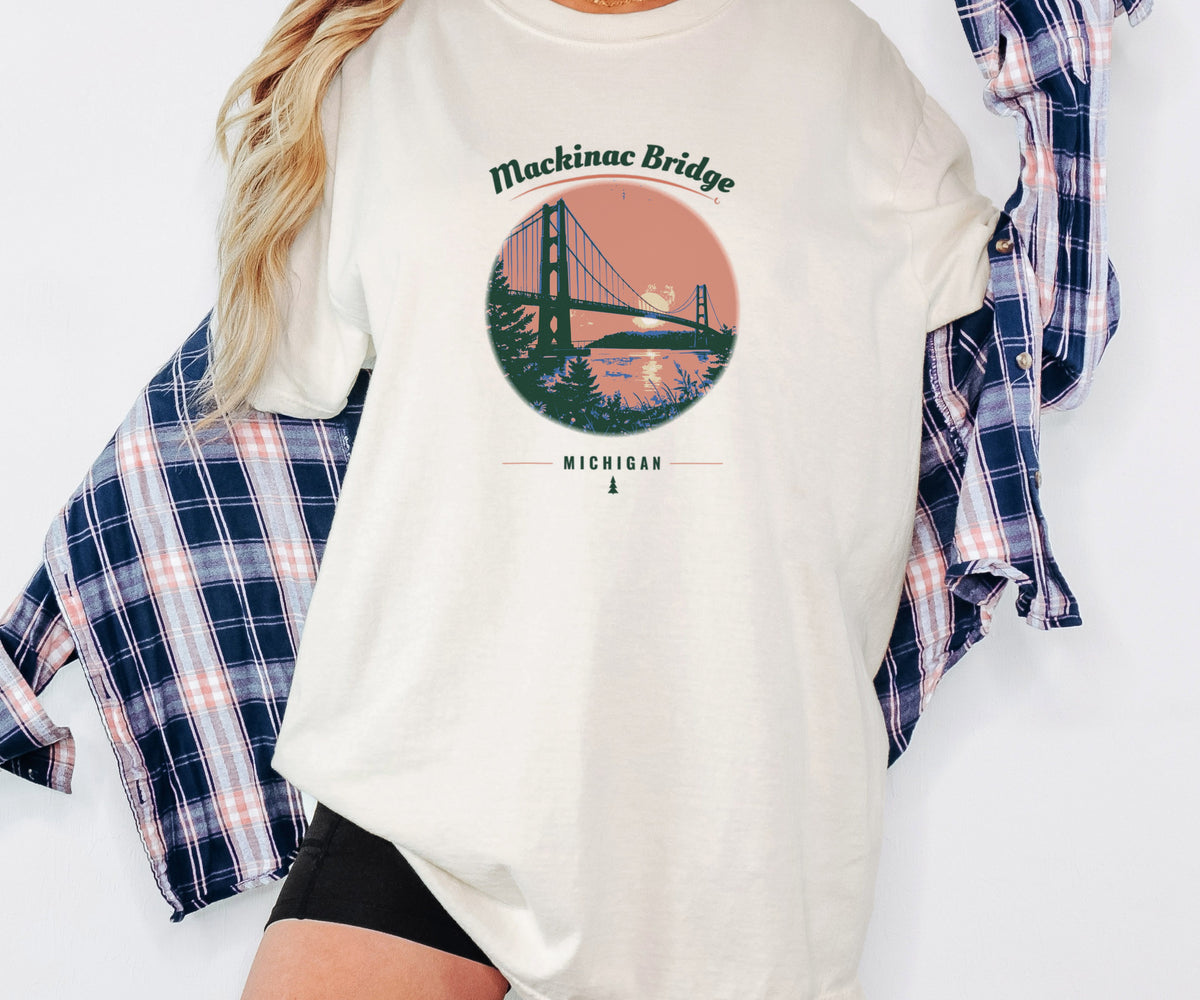Mackinac Bridge Shirt - Michigan Souvenir Tee: ivory Comfort Colors tee worn by a model [worn lead]
