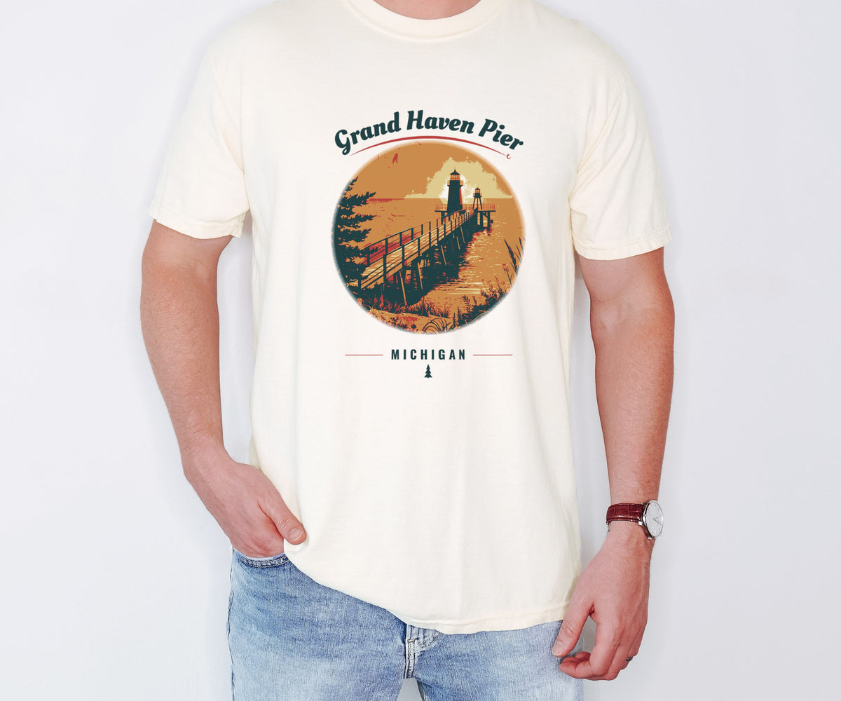 Grand Haven Shirt - Michigan Souvenir Tee: ivory Comfort Colors tee worn by a model [worn lead]