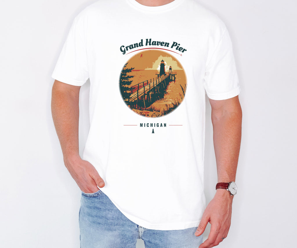 Grand Haven Shirt - Michigan Souvenir Tee: white Comfort Colors tee worn by a model [worn lead]