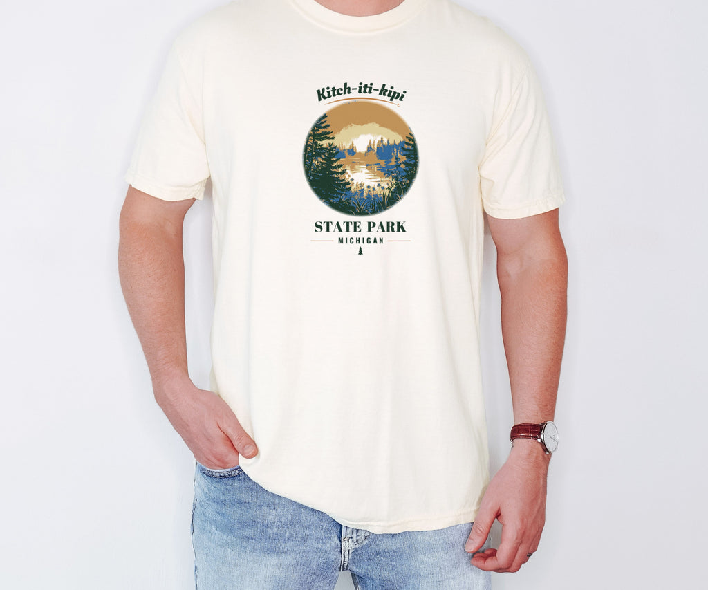 Kitch-iti-kipi State Park Shirt - Michigan Souvenir Tee: ivory Comfort Colors tee worn by a model [worn lead]