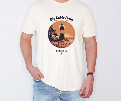 Big Sable Point Shirt - Michigan Souvenir Tee: ivory Comfort Colors tee worn by a model [worn lead]