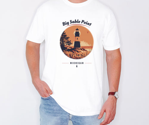 Big Sable Point Shirt - Michigan Souvenir Tee: white Comfort Colors tee worn by a model [worn lead]