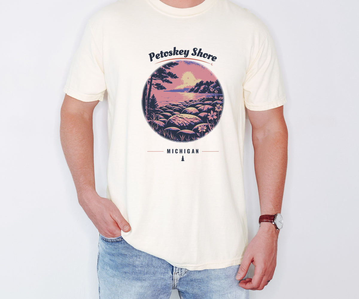 Petoskey Shirt - Michigan Souvenir Tee: ivory Comfort Colors tee worn by a model [worn lead]