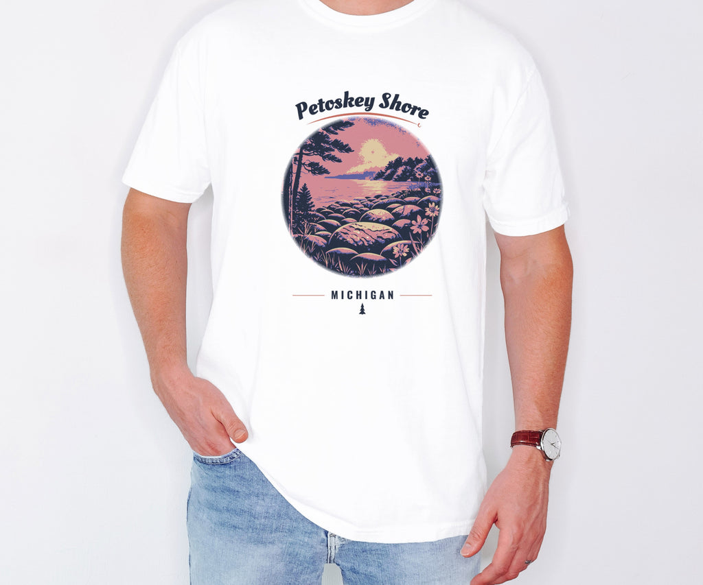 Petoskey Shirt - Michigan Souvenir Tee: white Comfort Colors tee worn by a model [worn lead]
