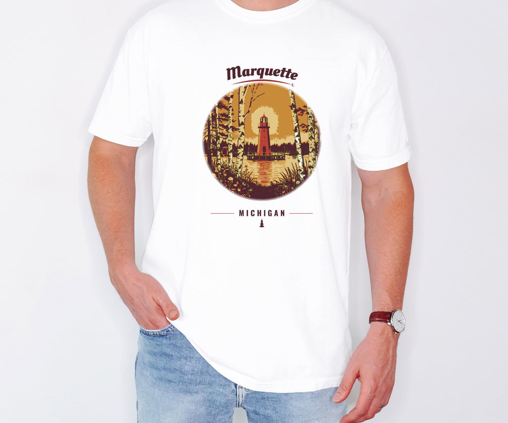 Marquette Shirt - Michigan Souvenir Tee: white Comfort Colors tee worn by a model [worn lead]