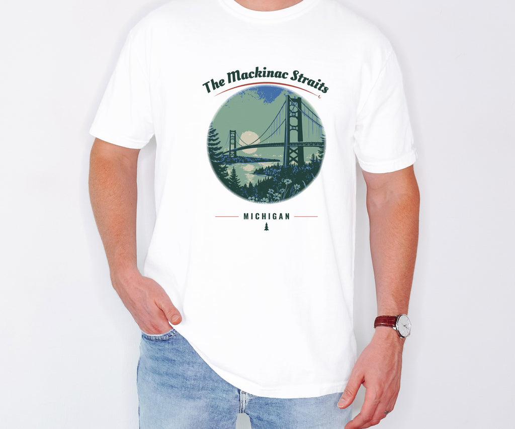 Mackinac Straits Shirt - Michigan Souvenir Tee: white Comfort Colors tee worn by a model [worn lead]