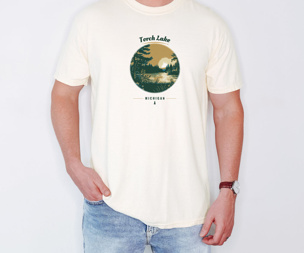 Torch Lake Shirt - Michigan Souvenir Tee: ivory Comfort Colors tee worn by a model [worn lead]