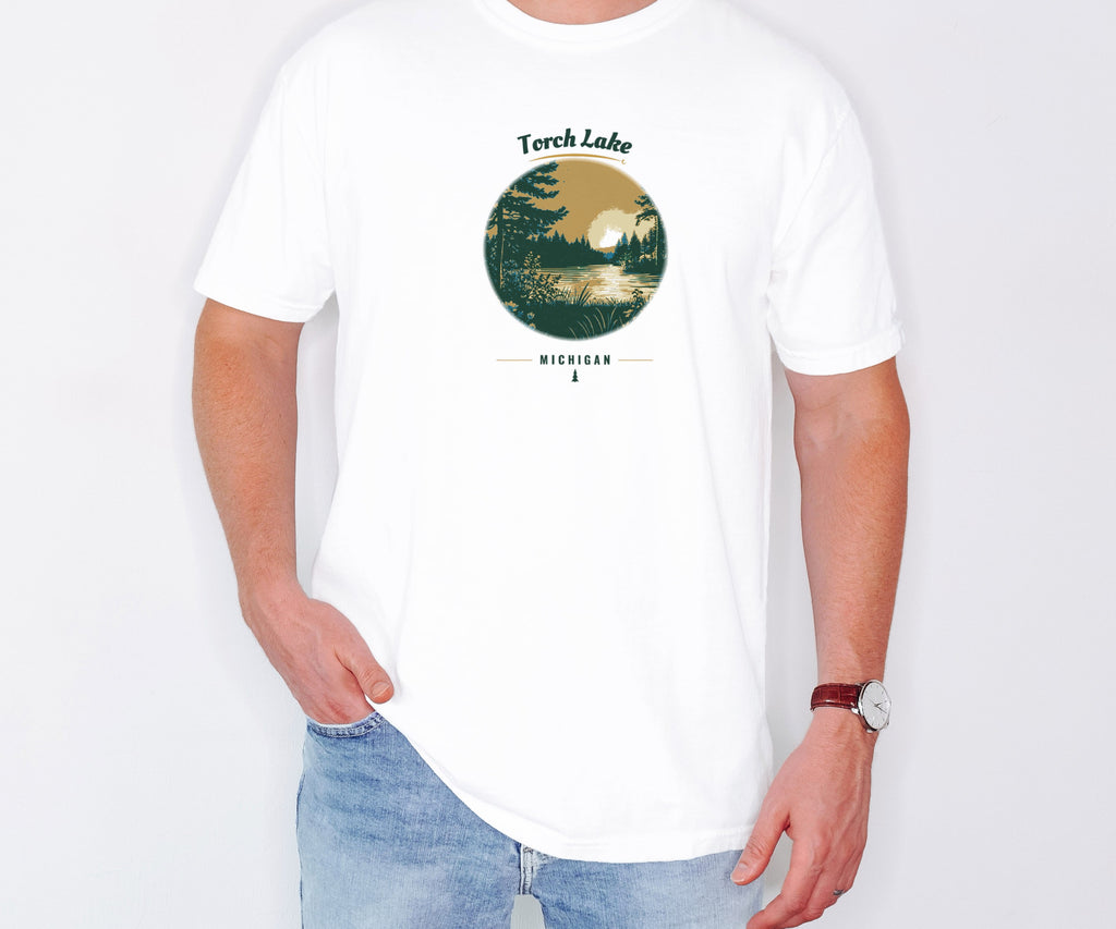Torch Lake Shirt - Michigan Souvenir Tee: white Comfort Colors tee worn by a model [worn lead]