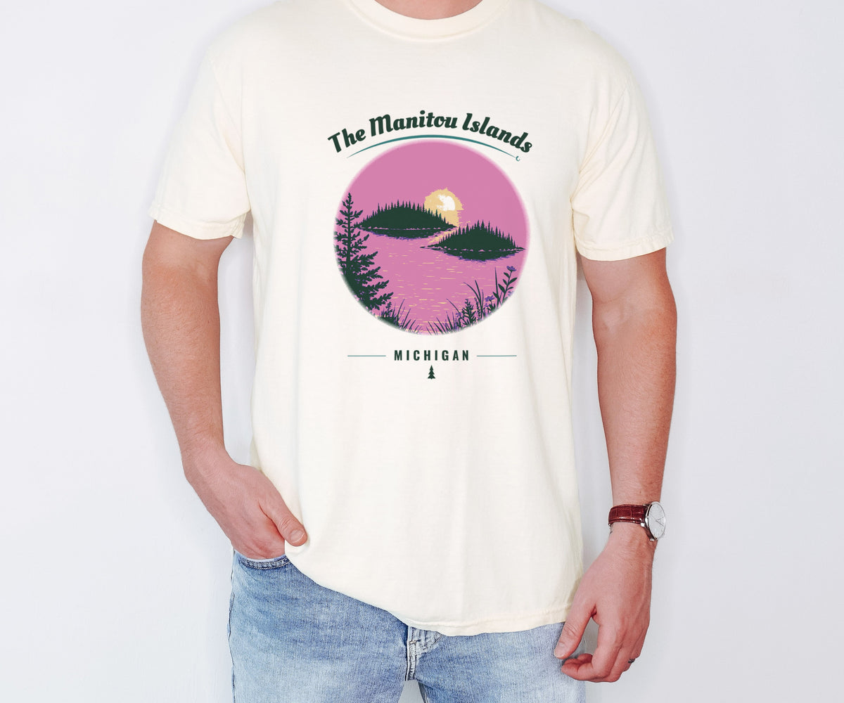 Manitou Islands Shirt - Michigan Souvenir Tee: ivory Comfort Colors tee worn by a model [worn lead]