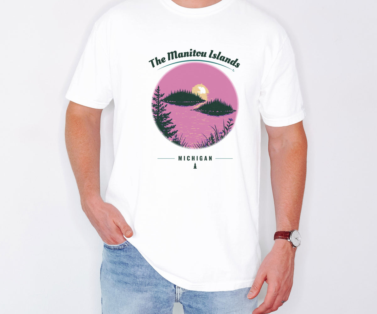 Manitou Islands Shirt - Michigan Souvenir Tee: white Comfort Colors tee worn by a model [worn lead]