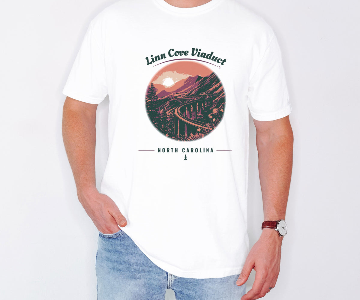 Linn Cove Viaduct Shirt - North Carolina Souvenir Tee: white Comfort Colors tee worn by a model [worn lead]